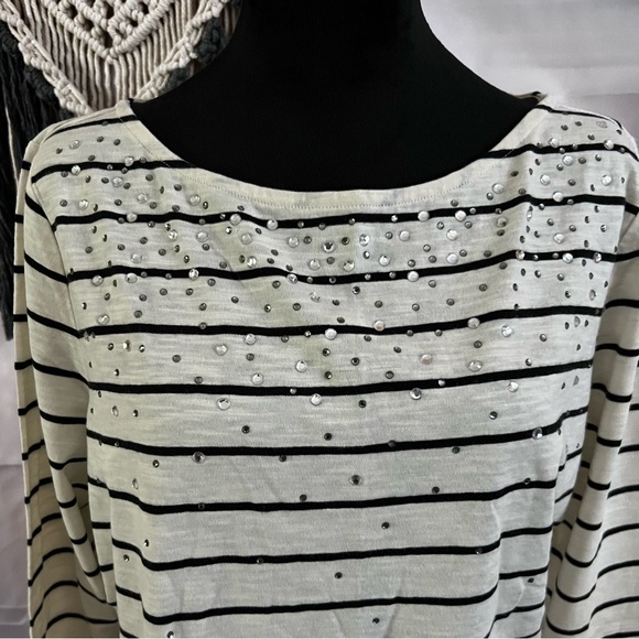 Talbots Ivory Black Stripe Plus Size 1X Rhinestones 3/4 Sleeves Knit Top Blouse - Picture 11 of 12